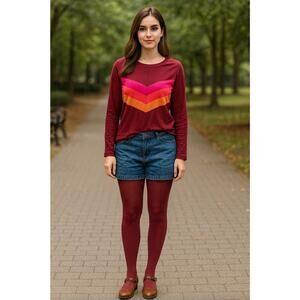 Marine Layer Absurdly Soft Womens Deb Chevron Long Sleeve T Sz LG BurgundyOrange